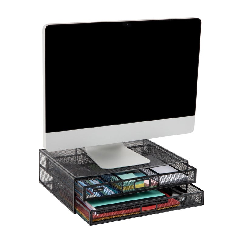 Mind Reader Monitor Stand, Ventilated Laptop Riser, Storage Drawer, Office, Metal Mesh, 15.75"L x 11.75"W x 4.5"H, Black - Image 1